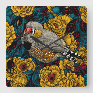 Horloge Carrée Zebra finch et buisson rose