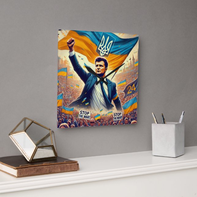 Horloge Carrée Zelenskyi soutien à l'horloge murale ukrainienne (Bureau)