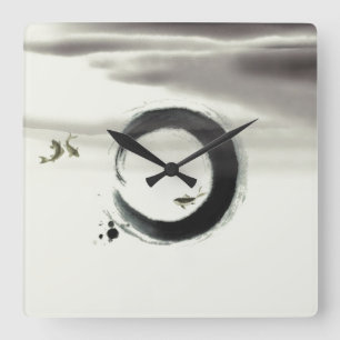 Horloge Carrée Zen Circle Enso Koi Brush Painting Art