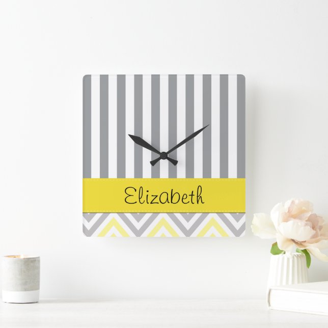 Horloge Carrée Zigzag, chevron, stripes, yellow, gray, your (Maison)