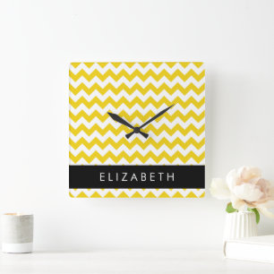 Horloge Carrée Zigzag Jaune, Chevron Jaune, Votre Nom