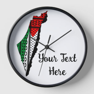 Horloge Carte de Palestine avec drapeau et Motif Keffiyeg