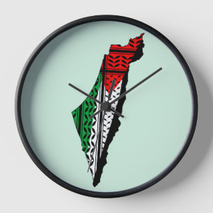 Horloge Carte de Palestine avec drapeau et Motif Keffiyeg