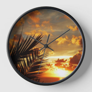 Horloge Carte postale Golden Sunset Sea et Palmtree