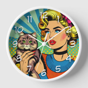 Horloge Cartoon Comic Pop Art Femmes tenant un chat