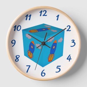 Horloge Cartoon Space Rocket Flying Et Blue Sky Cube