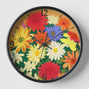 Horloge Cercle de fleurs, marguerites et asters colorés