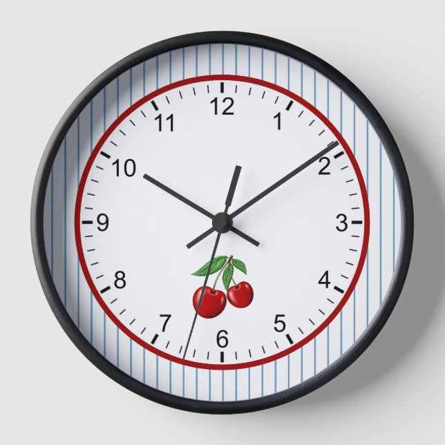 Horloge Cerises rouges sur Bleues Bleues Style rétro encad (Recto)