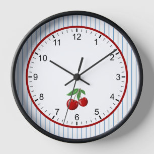 Horloge Cerises Rouges sur Rayures Bleues Cadre de Style R