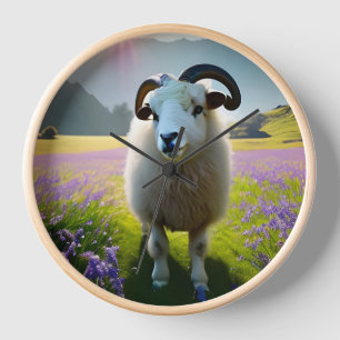 Horloge Champ de moutons duveteux aux fleurs violettes