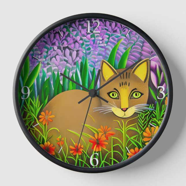 Horloge Chat aux yeux verts dans un jardin fleuri (Recto)