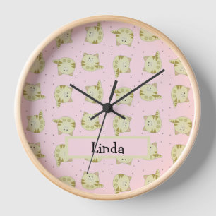 Horloge Chat brun mignon motif rose