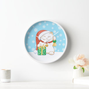 Horloge Chat de Noël blanc dans un Casquette rouge
