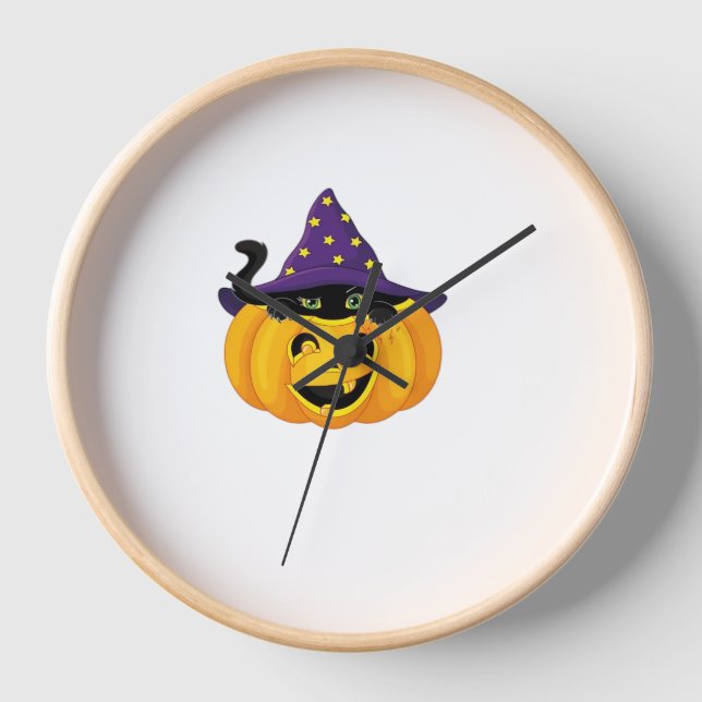 Horloge Chat d'Halloween en Citrouille - Baguette de chato (Recto)