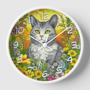 Horloge Chat et Fleurs Whimsical