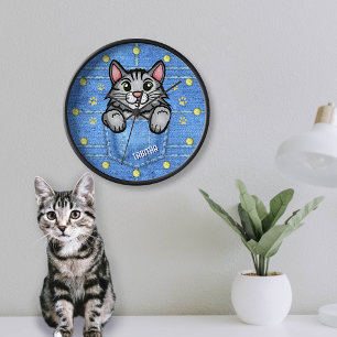 Horloge Chat gris en poche Faux Denim avec nom personnalis