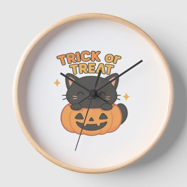 Horloge Chat noir mignon en Citrouille - Trick ou Treat Ka (Recto)