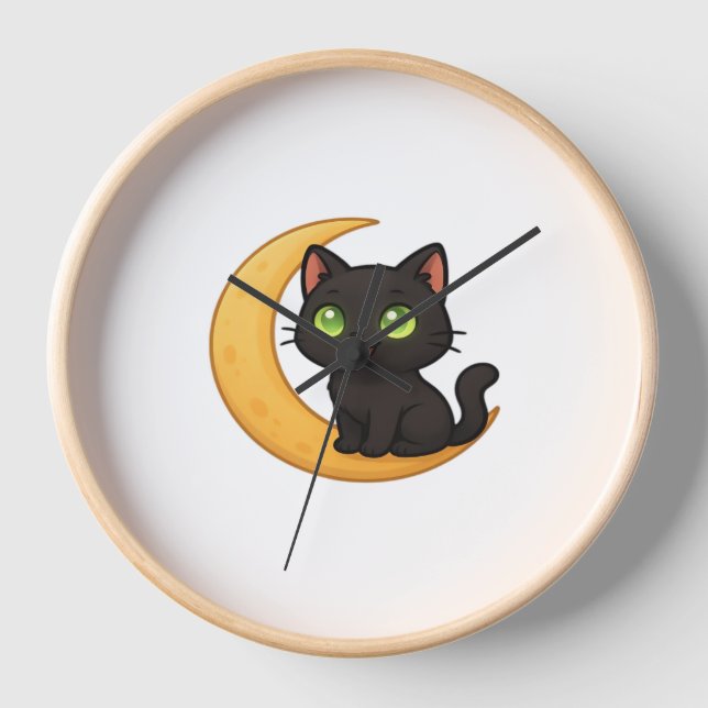 Horloge Chat noir souriant aux yeux verts brillants assis (Recto)