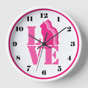 Horloge Chat rose cinglé en silhouette, AMOUR, avec des no