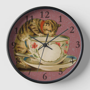 Horloge Chat Tasse à Thé Mignon Vintage Victorien Animal C
