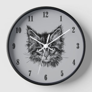 Horloge Chaton noir et blanc face sur le gris noir chiffre