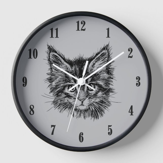 Horloge Chaton noir et blanc face sur le gris noir chiffre (Recto)