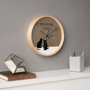 Horloge Chats rustiques modernes silhouettes bois nom de f