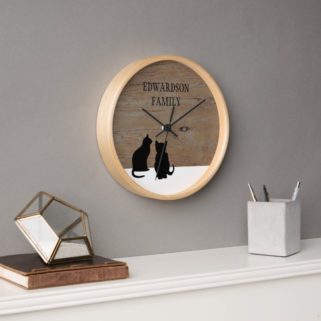 Horloge Chats rustiques modernes silhouettes bois nom de f (Bureau)