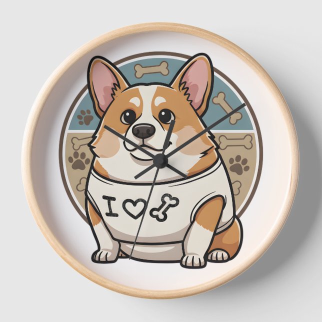 Horloge Chien Corgi Mignon avec Motif Os (Recto)