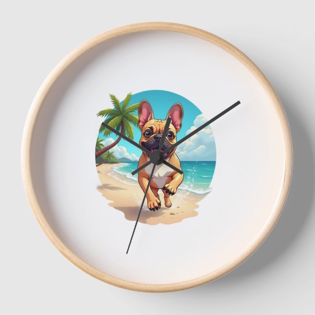 Horloge Chien de taureau français sur une plage (Recto)