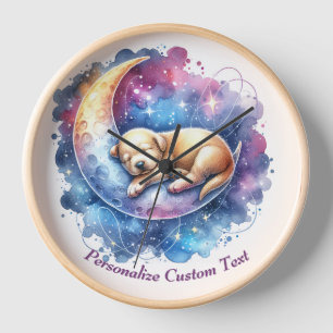 Horloge Chien Mignon Personnalisé Endormi sur la Lune