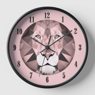 Horloge Chiffres noirs de tête de lion géométrique rose