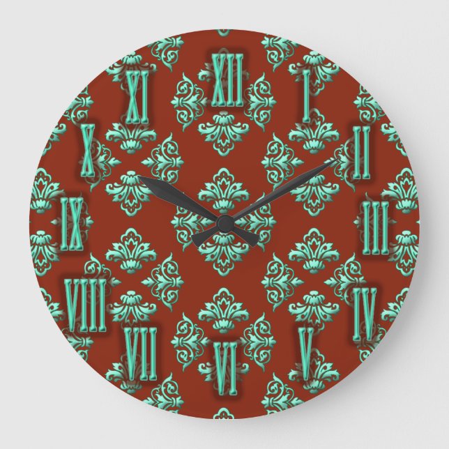 Horloge Chocolat Brown et Turquoise Damask (Recto)