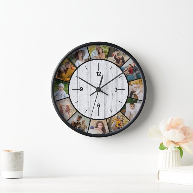 Horloge Clôture en bois blanc faux rustique 12 Collage pho (Maison)
