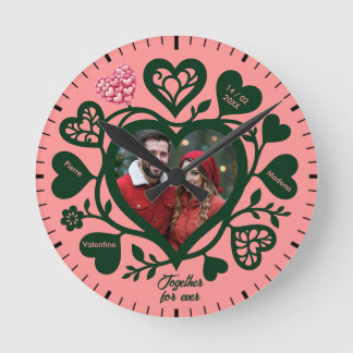 Horloge cœur photo personnalisée rose vert