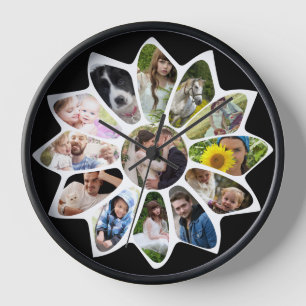Horloge Collage de photos de famille Fleur noir et blanc F