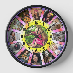 Horloge Collage Photo Famille 13 Retro Cravate-Dye Personn