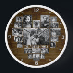 Horloge Collage Photo Famille 20 B&W Heart Pics   Nom Wood<br><div class="desc">Affichez vos souvenirs de famille ou de mariage avec cette belle horloge photo en noir et blanc personnalisée avec un arrière - plan à grains de bois foncé imitation / imprimé et rustique et vos photos en forme de coeur. Ce joli design comprend de la place pour votre nom de...</div>