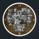 Horloge Collage Photo Famille 20 B&W Heart Pics   Nom Wood<br><div class="desc">Affichez vos souvenirs de famille ou de mariage avec cette belle horloge photo en noir et blanc personnalisée avec un arrière - plan à grains de bois foncé imitation / imprimé et rustique et vos photos en forme de coeur. Ce joli design comprend de la place pour votre nom de...</div>