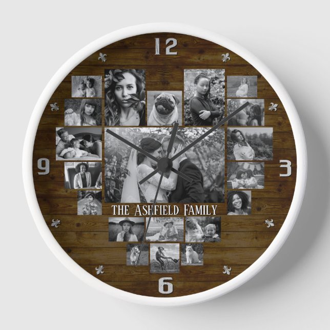 Horloge Collage Photo Famille 20 B&W Heart Pics + Nom Wood (Recto)