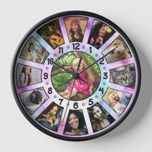 Horloge Collage Photo Famille Custom 13 Retro Purple TieDy