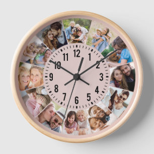 Horloge Collage photo moderne en rose personnalisé 12