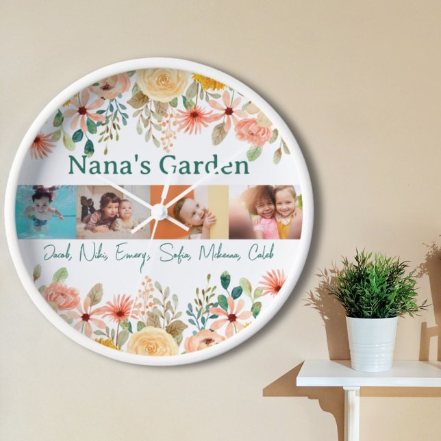 Horloge Collage photo personnalisé Jardin de Nana Grandma (Personalized Photo Collage Nana Grandma's Garden Clock)