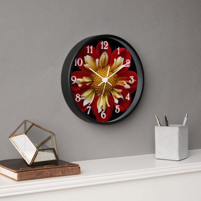 Horloge Collarette rouge Dahlia sur Floral noir (Bureau)