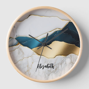 Horloge Cool Blanc Turquoise Marbre Pierre Or