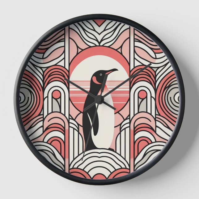 Horloge Coral Pink Cream Penguin In Art Deco Geometrical (Recto)