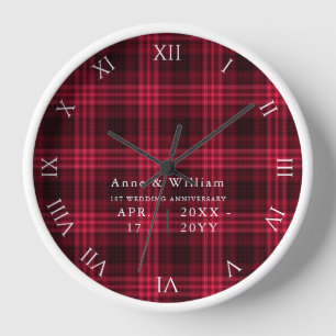 Horloge Cottage rustique Tartan rouge 1er anniversaire Mar