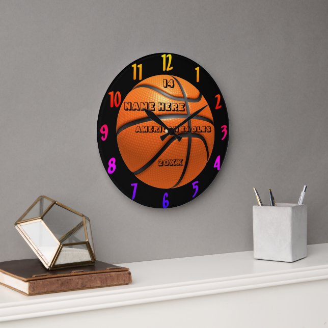 Horloge couleur arc-en-ciel de basket avec Nom du  (Bureau)