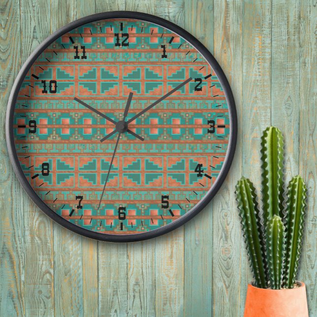 Horloge Couleurs en cuivre Turquoise sud-ouest Motif géomé (Southwest Geometric Teal and Copper colors wall clocks)