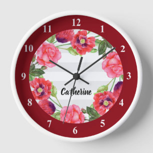 Horloge Couronne de fleurs rouges et roses à l'aquarelle